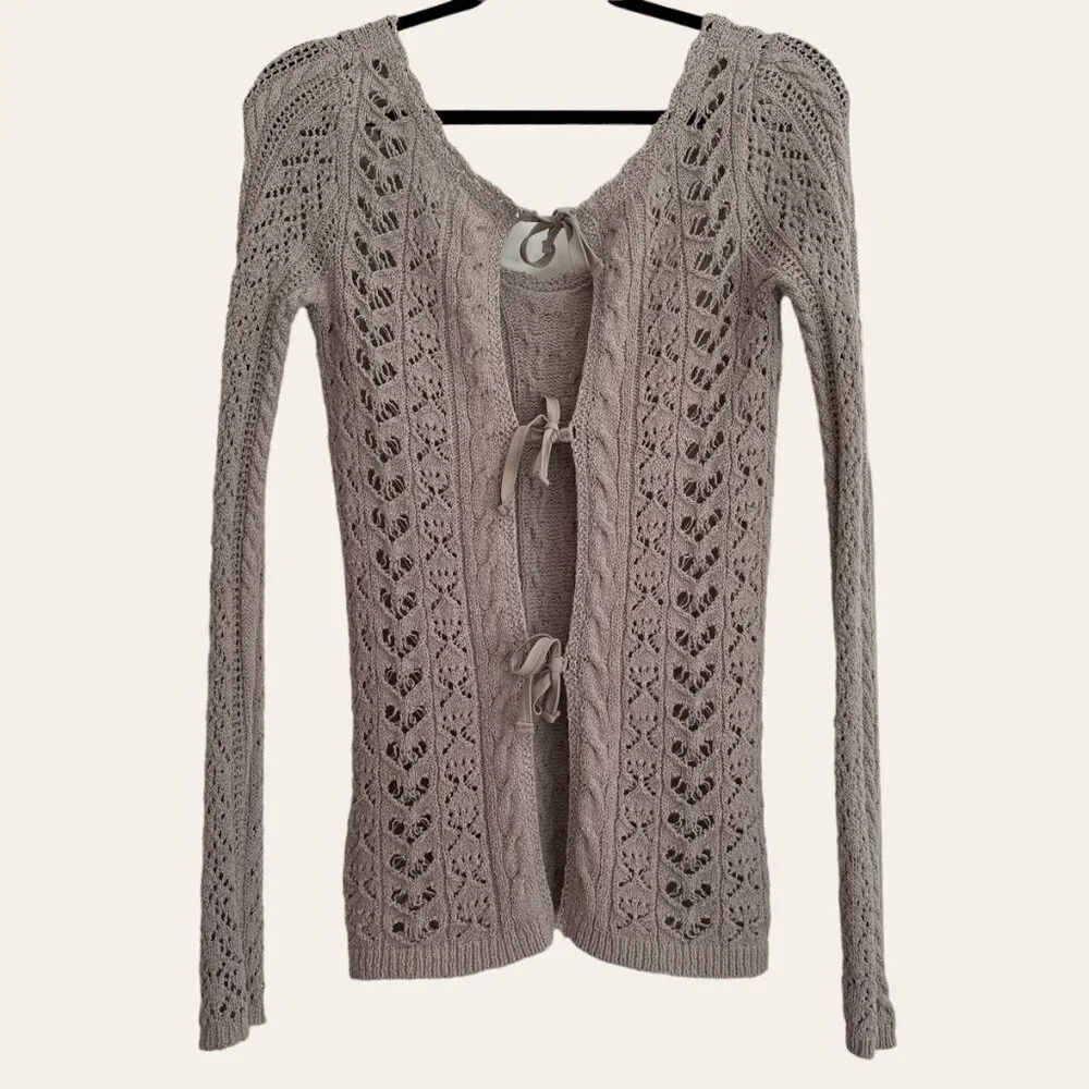 Free People Boho Crochet Tie Open Back S Top Stone Beige Tan Long Sleeves EUC - Picture 3 of 13